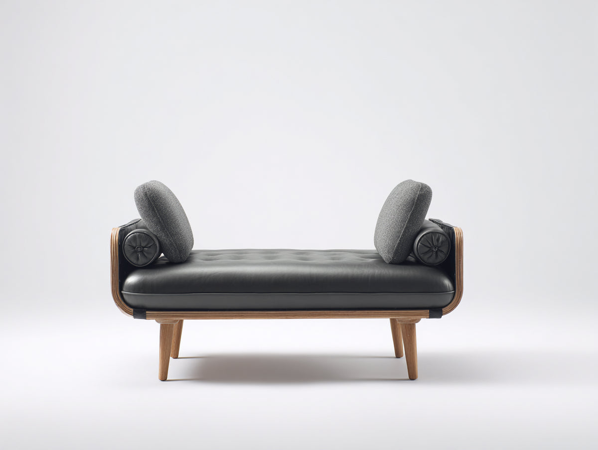 Divano in legno con rivestimento effetto pelle 180×78×70 cm - nero e legno naturale - forma a panca per soggiorno