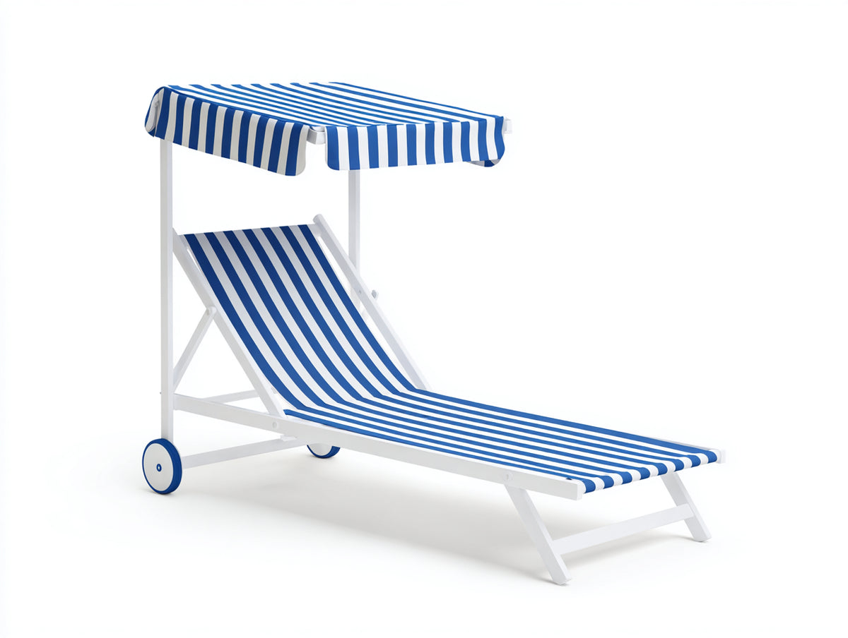 Poltrona reclinabile in tessuto rigato 195×72×150 cm - blu e bianco - con parasole e ruote per terrazza