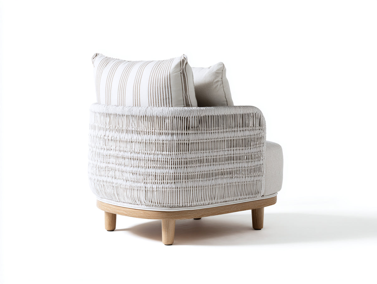 Poltrona in corda intrecciata 88×84×79 cm - bianco/legno chiaro - schienale curvo per camera da letto