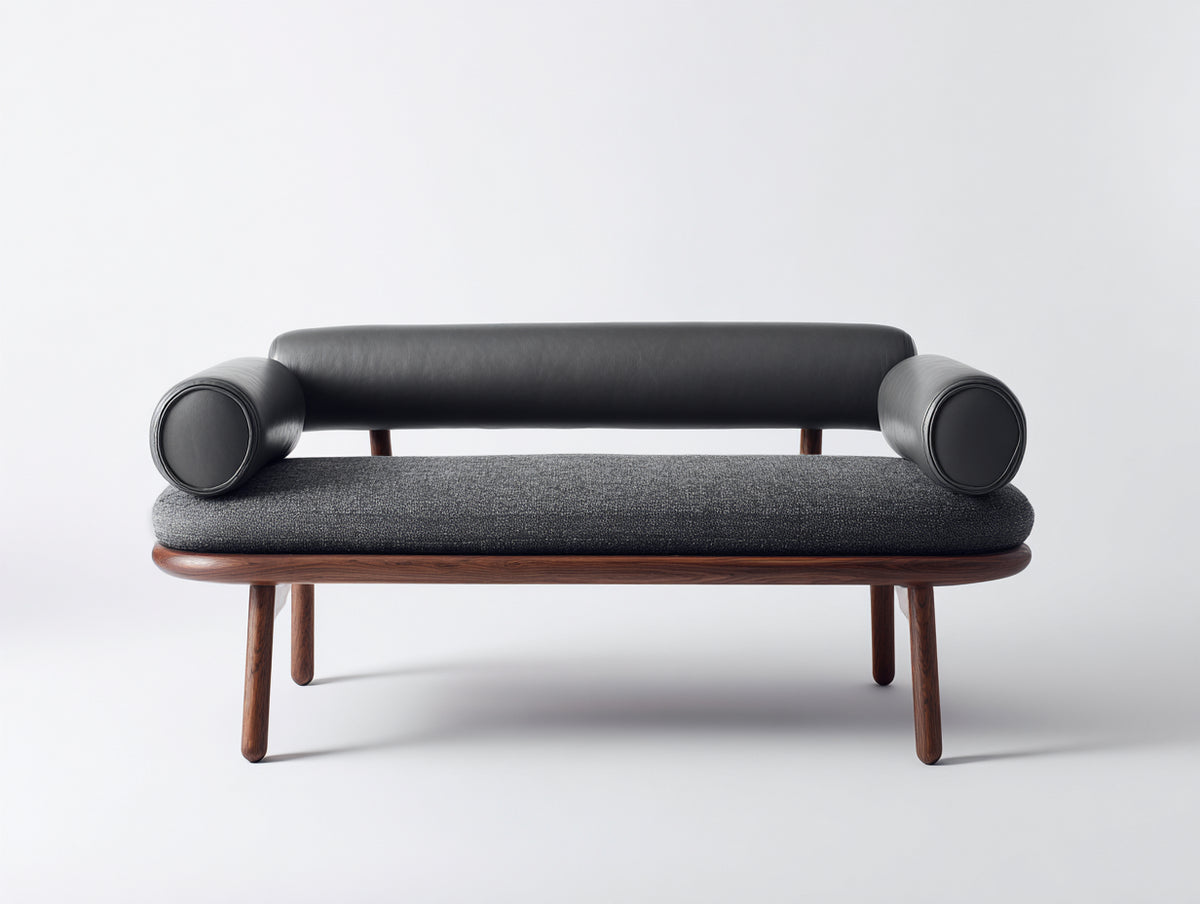Divano a 2 posti in tessuto e similpelle 180×78×72 cm - nero/grigio antracite/legno scuro - braccioli cilindrici per soggiorno