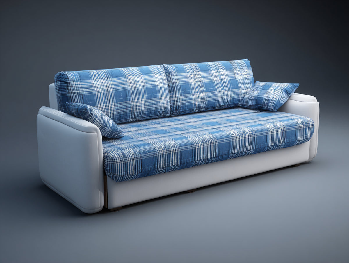 Divano a 3 posti in tessuto 210×90×88 cm - blu/bianco - motivo a quadri per soggiorno